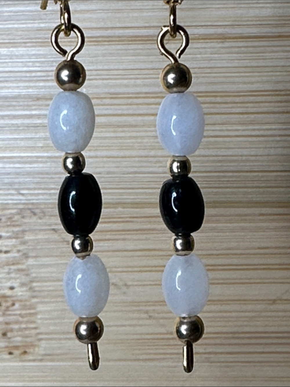 Black Onyx and White Jade Beaded Drop Earrings with Gold Beads, Gold Filled Hook